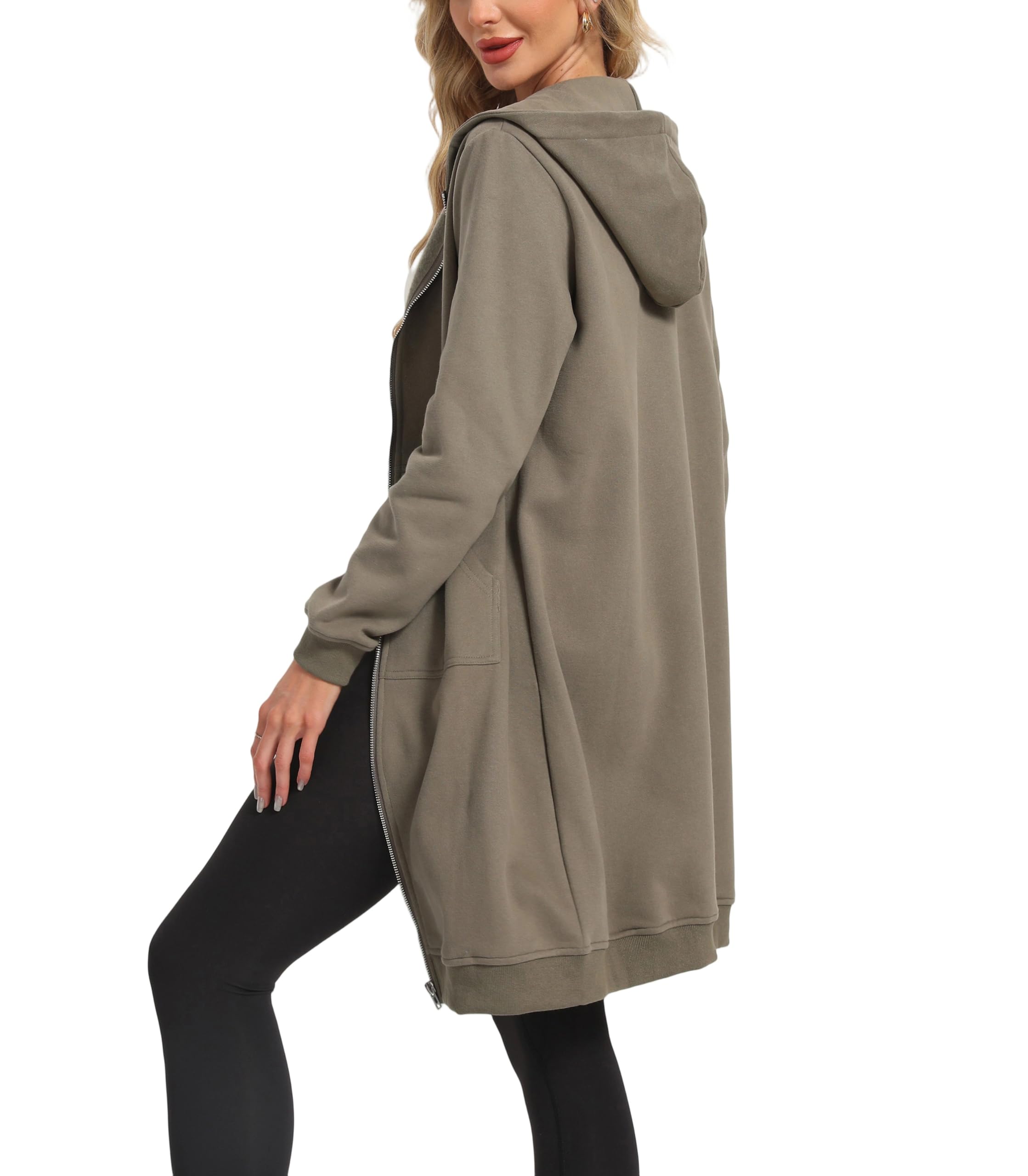 Timuspo Damen Lange Kapuzenjacke Weich und Locker Sweatjacke Einfarbig Zipper Hoodie Oversized Warm Sweatshirt Jacke Kapuzenpullover mit Taschen