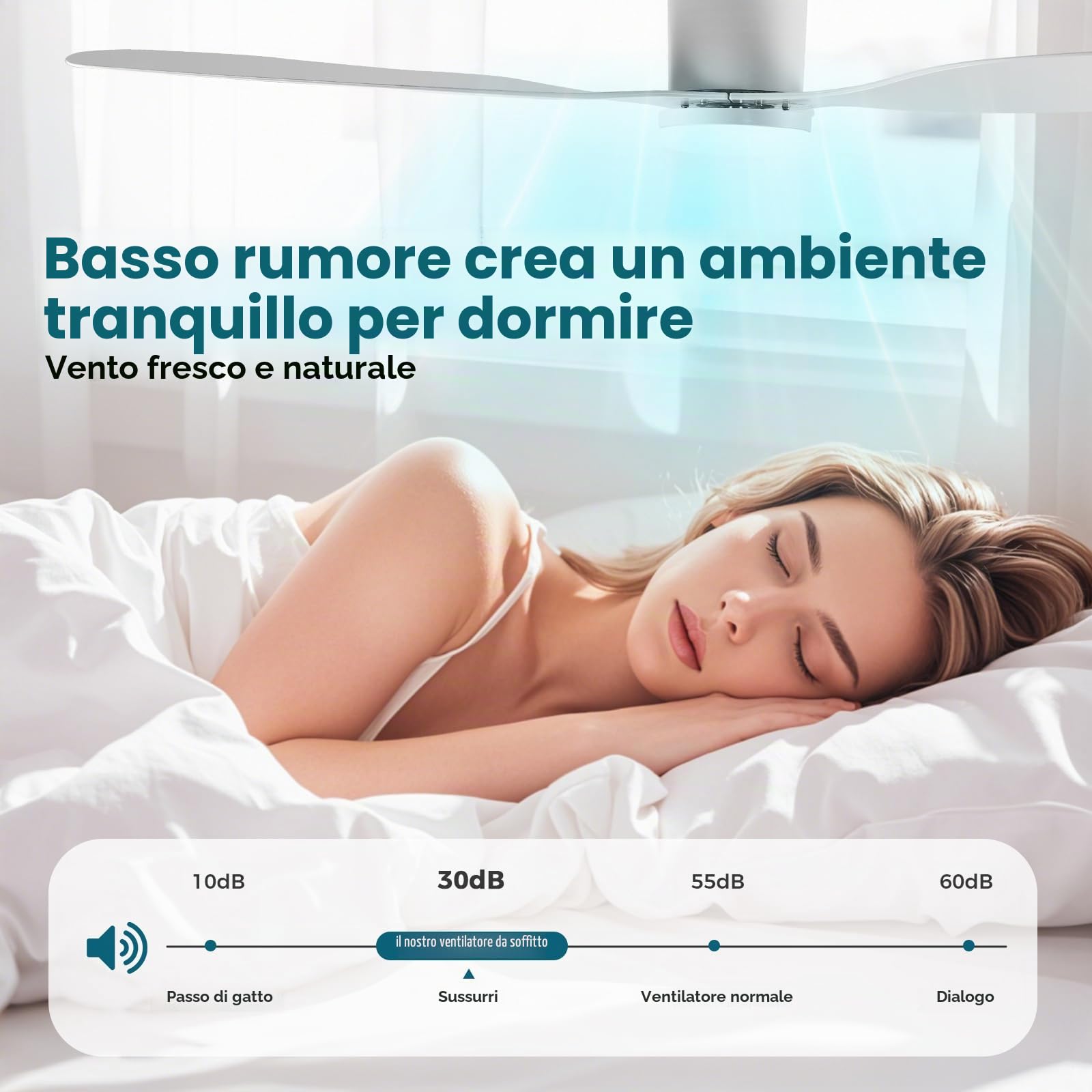 Silenzioso Ventilatore da Soffitto 130CM Con Luce e Telecomando - 60W DC Reversibile, 6 Velocità, 3 Pale, Timer, Lampada Dimmerabile - Bianco