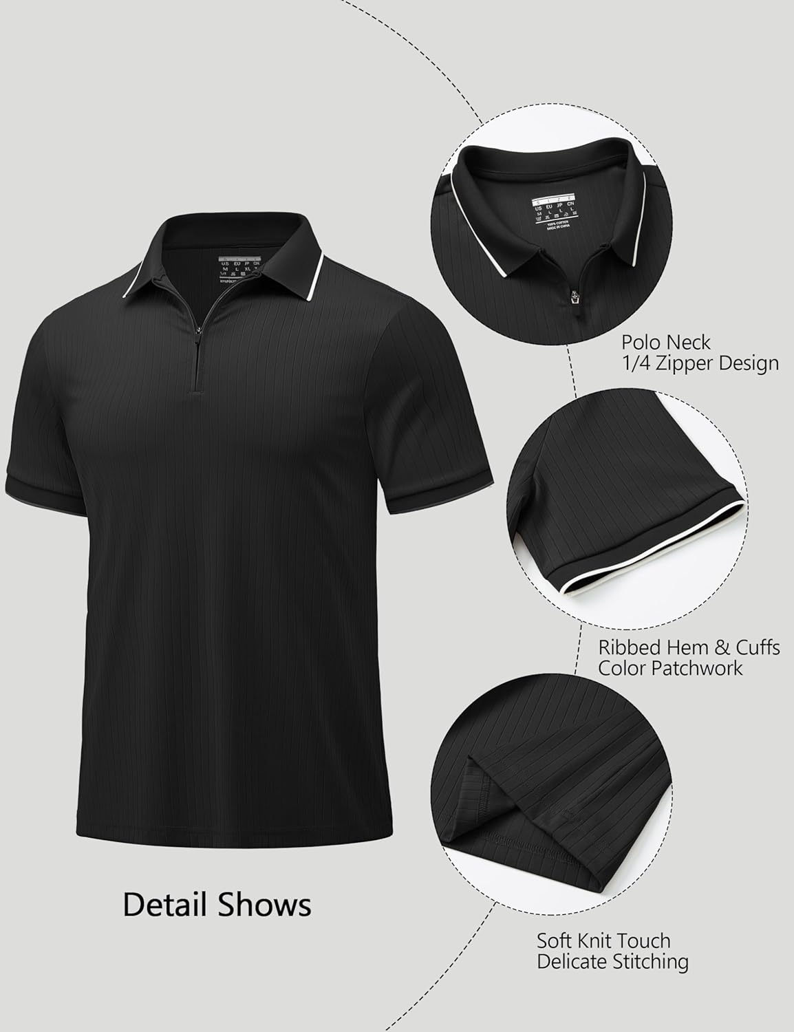 Cotrasen Mens Zipper Polo Shirts Casual Short Sleeve Ribbed Knit T Shirts Smmer Slim Fit Golf Polo Shirts Black Large image 6 of 7 B0F624SXKS