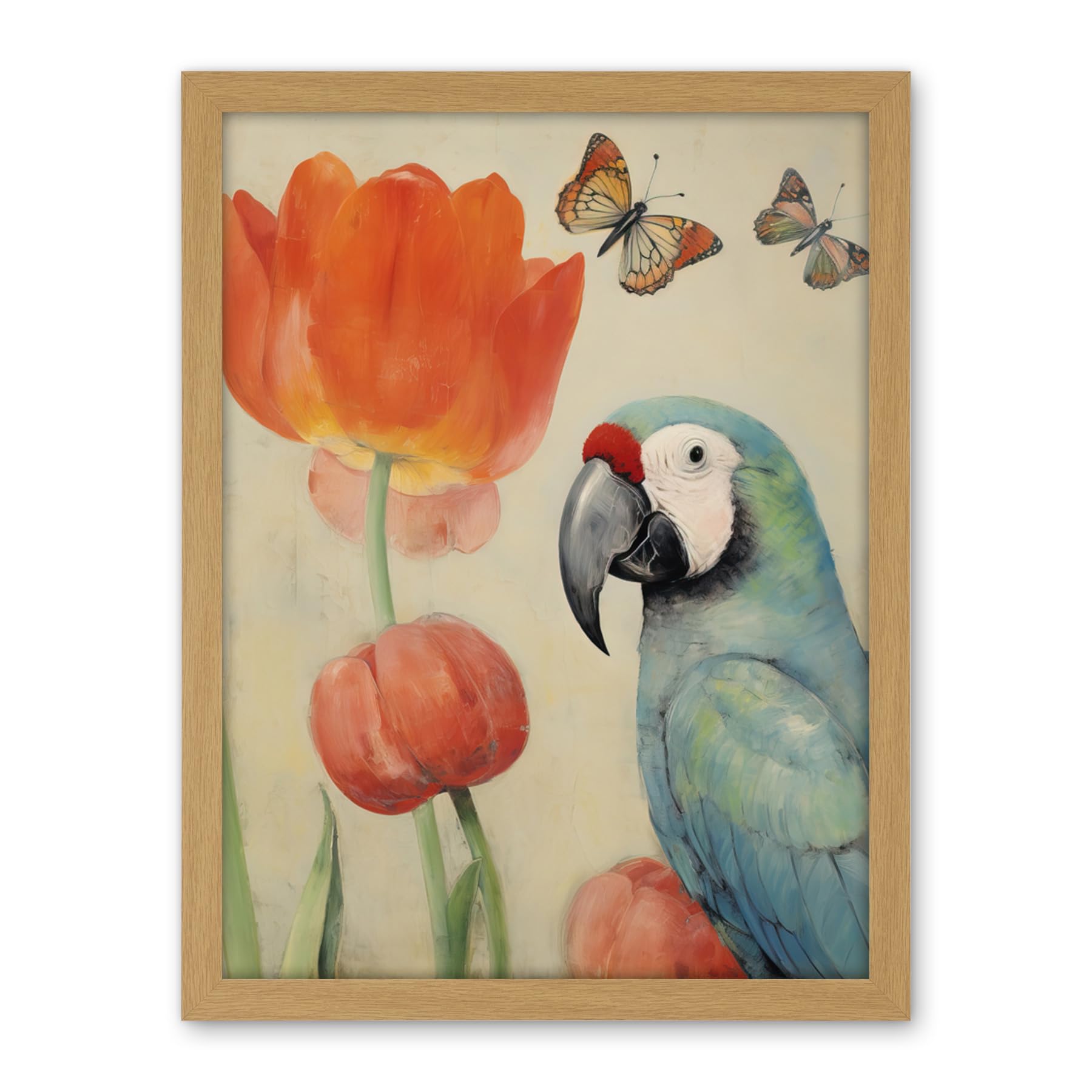 Artery8 Parrot and Tulips Flowers Butterflies Pastel Colour Artwork Floral Spring Oil Painting Artwork Framed Wall Art Print 18X24 Inch