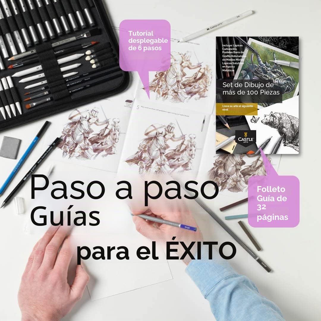 Castle Art Supplies Estuche 100 Uds Dibujo y Esbozo | Lápices+Barras de Grafito, Carboncillo, Pastel, Metálicos, Solubles, Rotuladores Punta Fibra | Artistas y Profesionales | Resistente Estuche Viaje