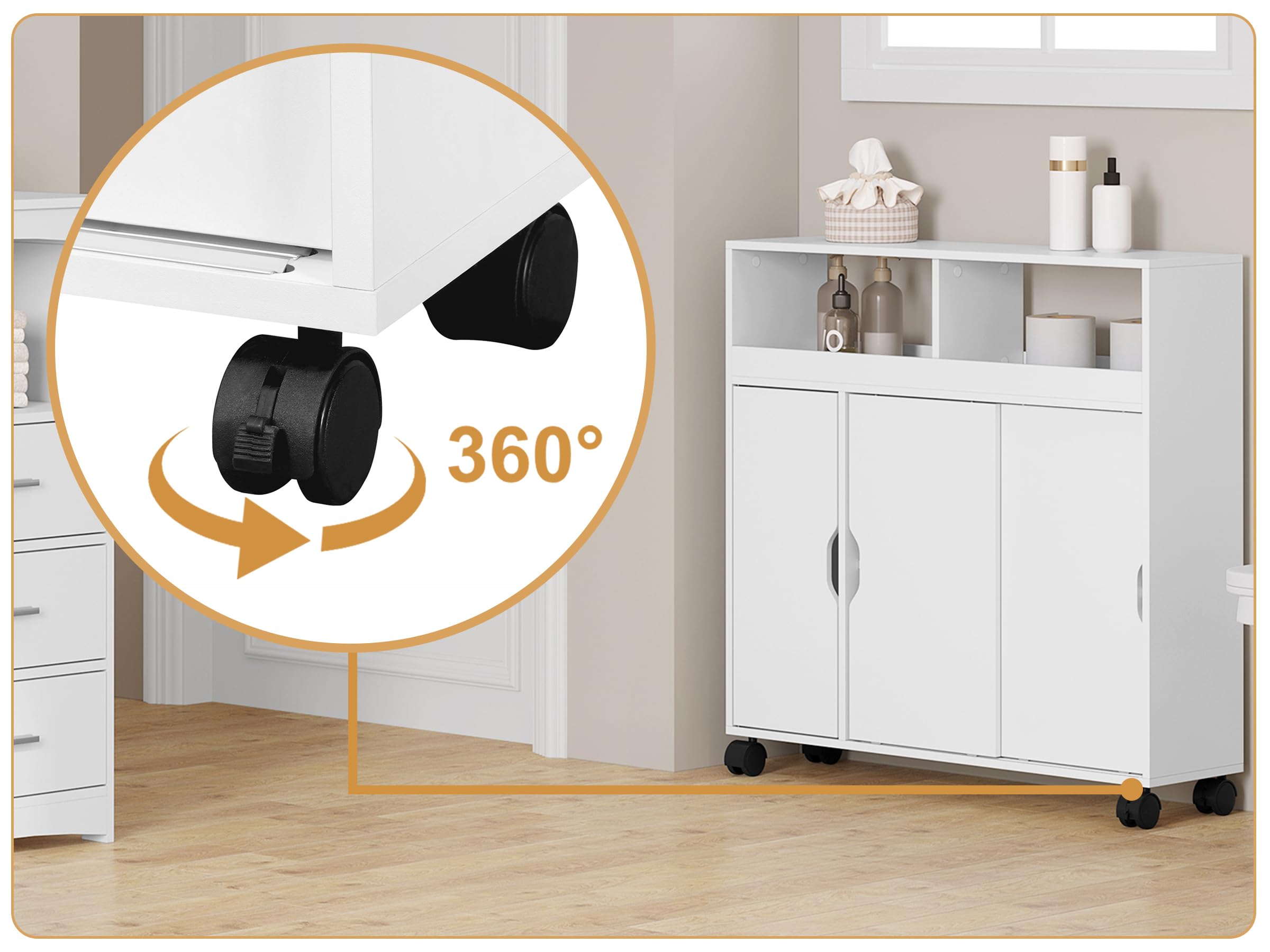 EUGAD Mobile da Bagno con Ante e Ruote, Armadietto da Bagno con Scomparti Aperti e Nascosti, Mobiletto Multiuso, per Cucina, Bagno, in Legno, Bianco, 70x20x71,5 cm