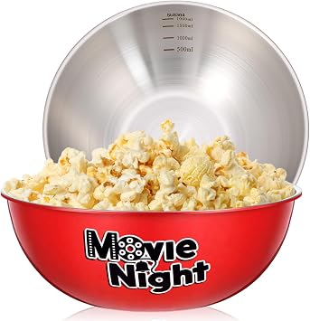 2 Pcs Stainless Steel Popcorn Bowl Set for Movie Night Carnival Party 3 Qt Reusable Metal Popcorn Buckets Large Snacks Mixing Bowl Serving Container for Summer BBQ Backyard Stylish,Red