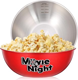 2 Pcs Stainless Steel Popcorn Bowl Set for Movie Night Carnival Party 3 Qt Reusable Metal Popcorn Buckets Large Snacks Mixing Bowl Serving Container for Summer BBQ Backyard (Stylish,Red)