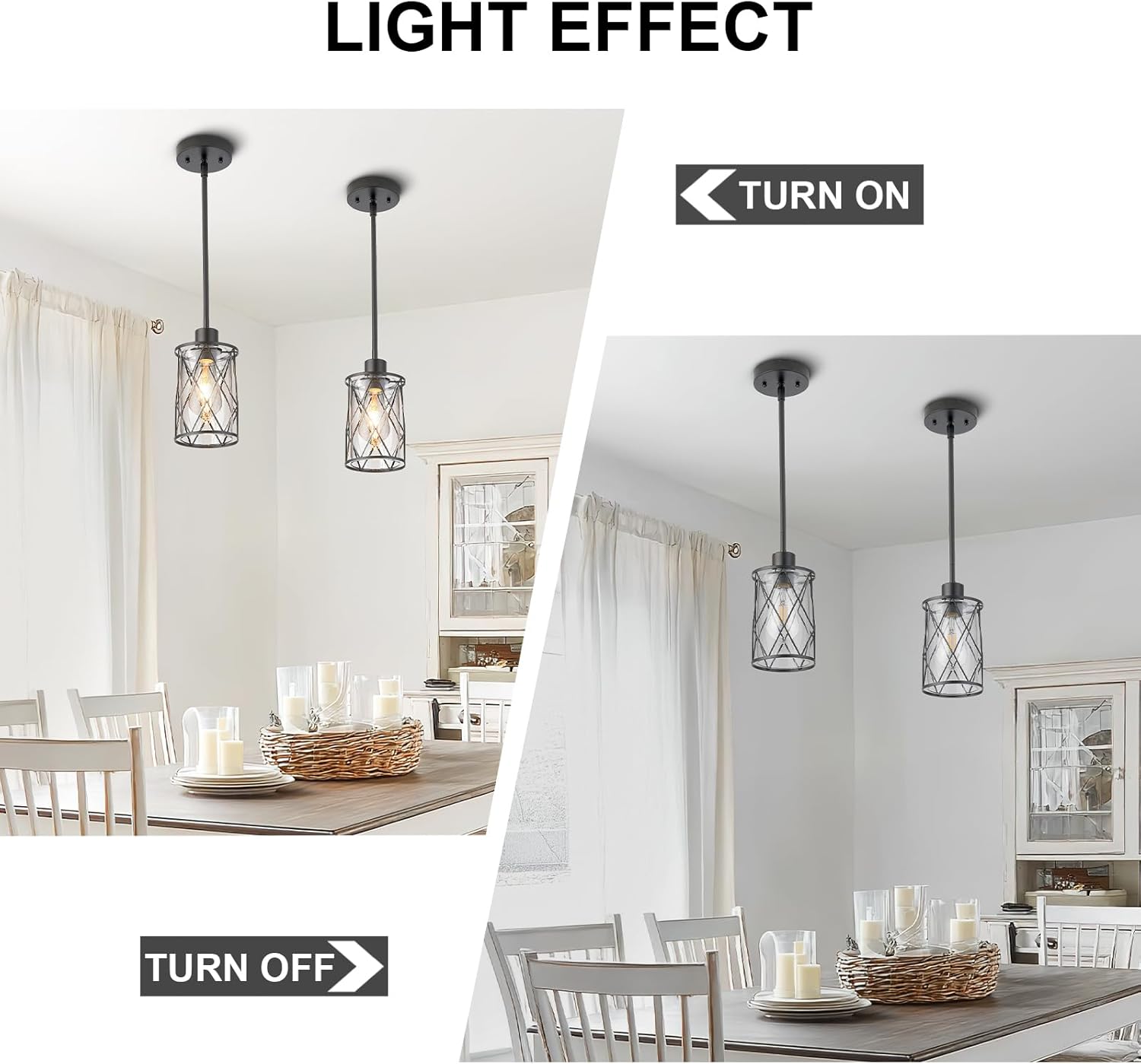 Refice Glass Pendant Lights Kitchen Island, Black Kitchen Hanging Light with Clear Glass, Farmhouse Cage Mini Pendant Lighting for Sink Dining Room Bedroom Bar, 2 Pack