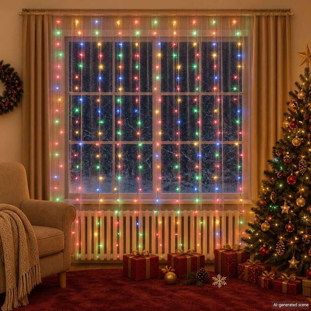 Narzędzia domowe-kurtyna LED łańcuch świetlny 3x3m 300 LED kolorowy 8 funkcji