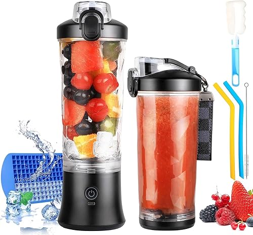Licuadora portátil recargable por USB de 20 onzas, caja de fabricación de hielo negro, patrón de diamante, libre de BPA