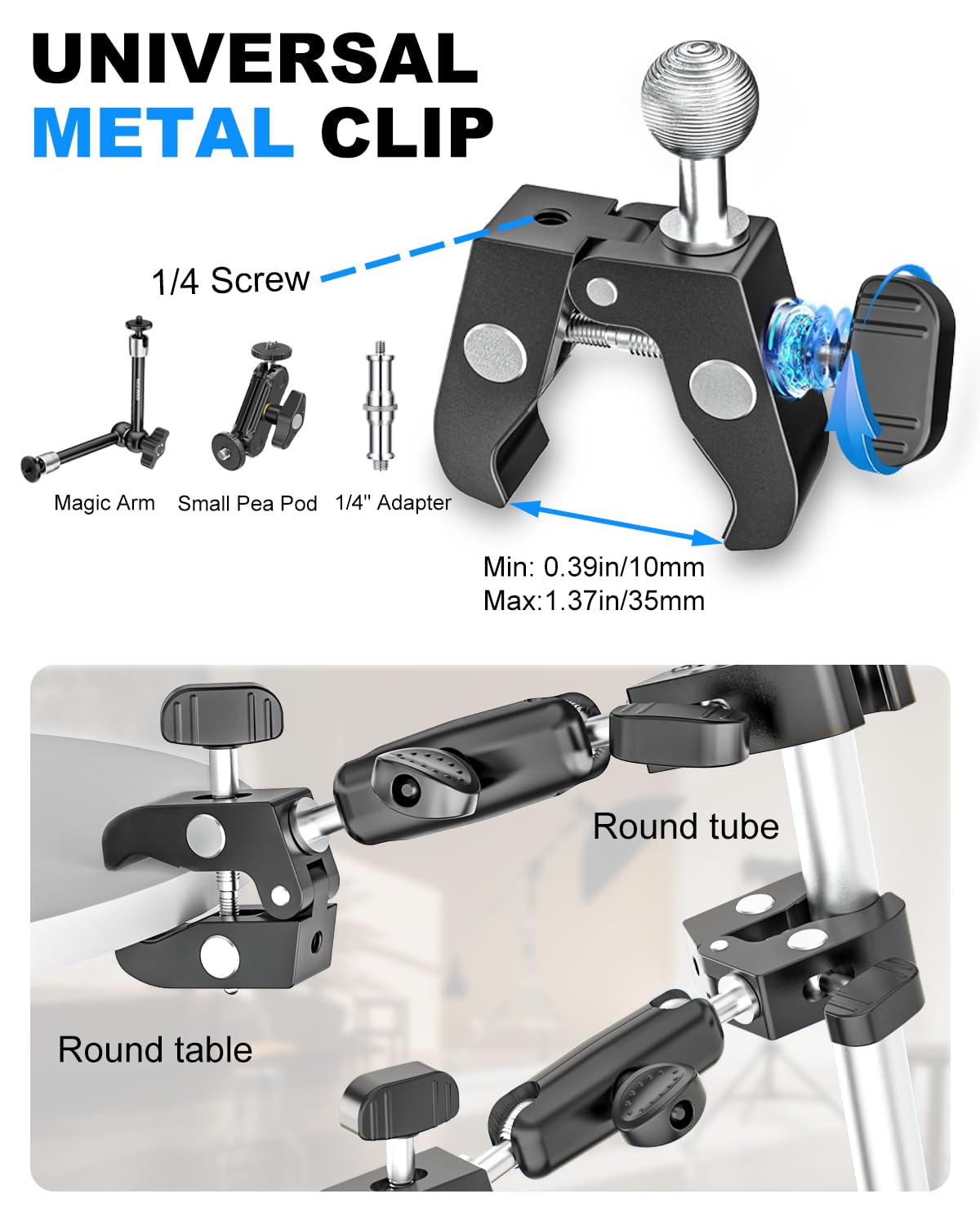 Supporto a doppio morsetto con interfaccia a vite da 1/4" [completamente in metallo] morsetto per ombrello regolabile a 360° per supporto luce studio fotografico, asta, barre trasversali
