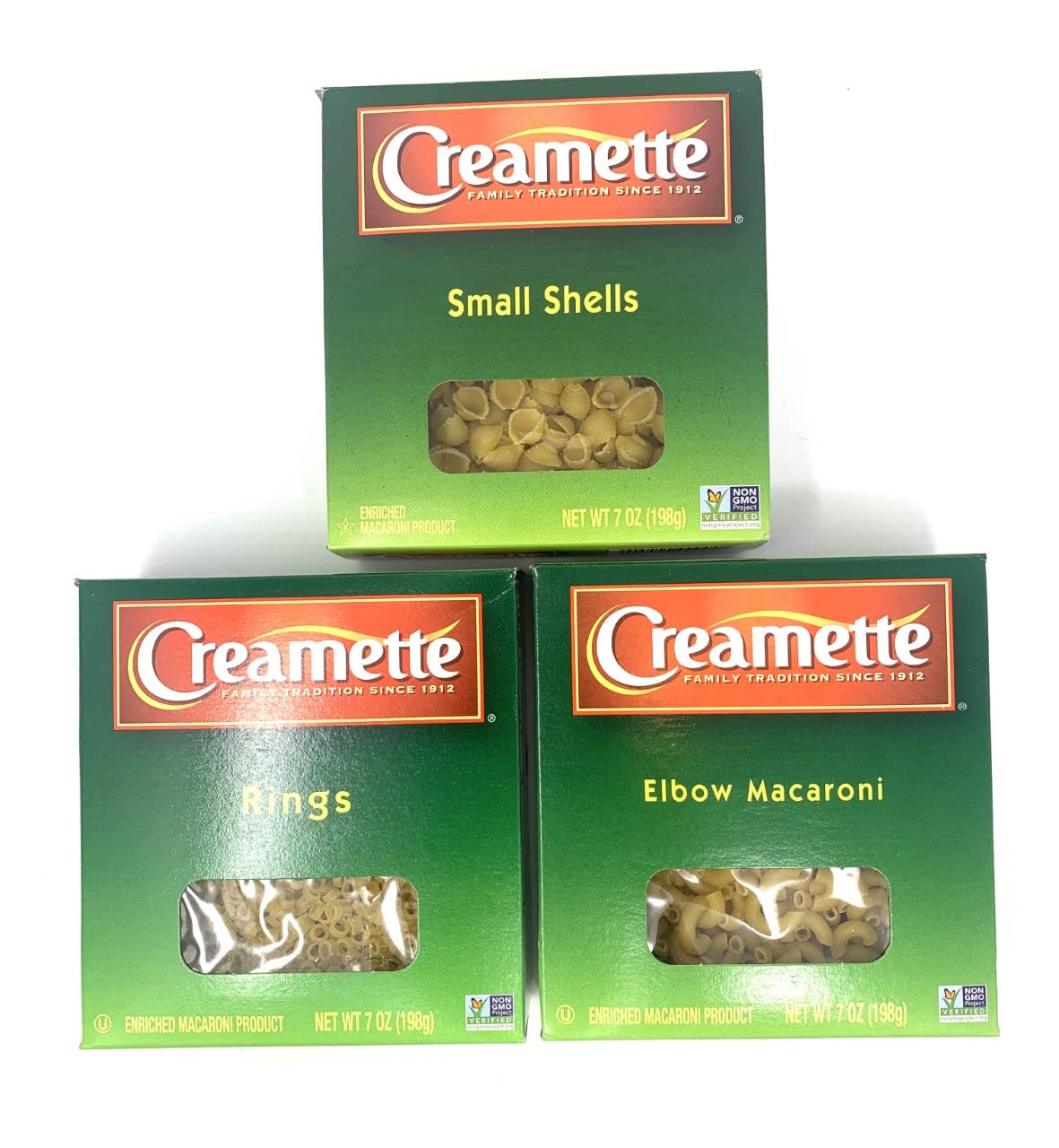 Creamette 3 Box Variety Pack - One 7 oz Box Each Of Small Rings, Small Shells, Elbow Macaroni