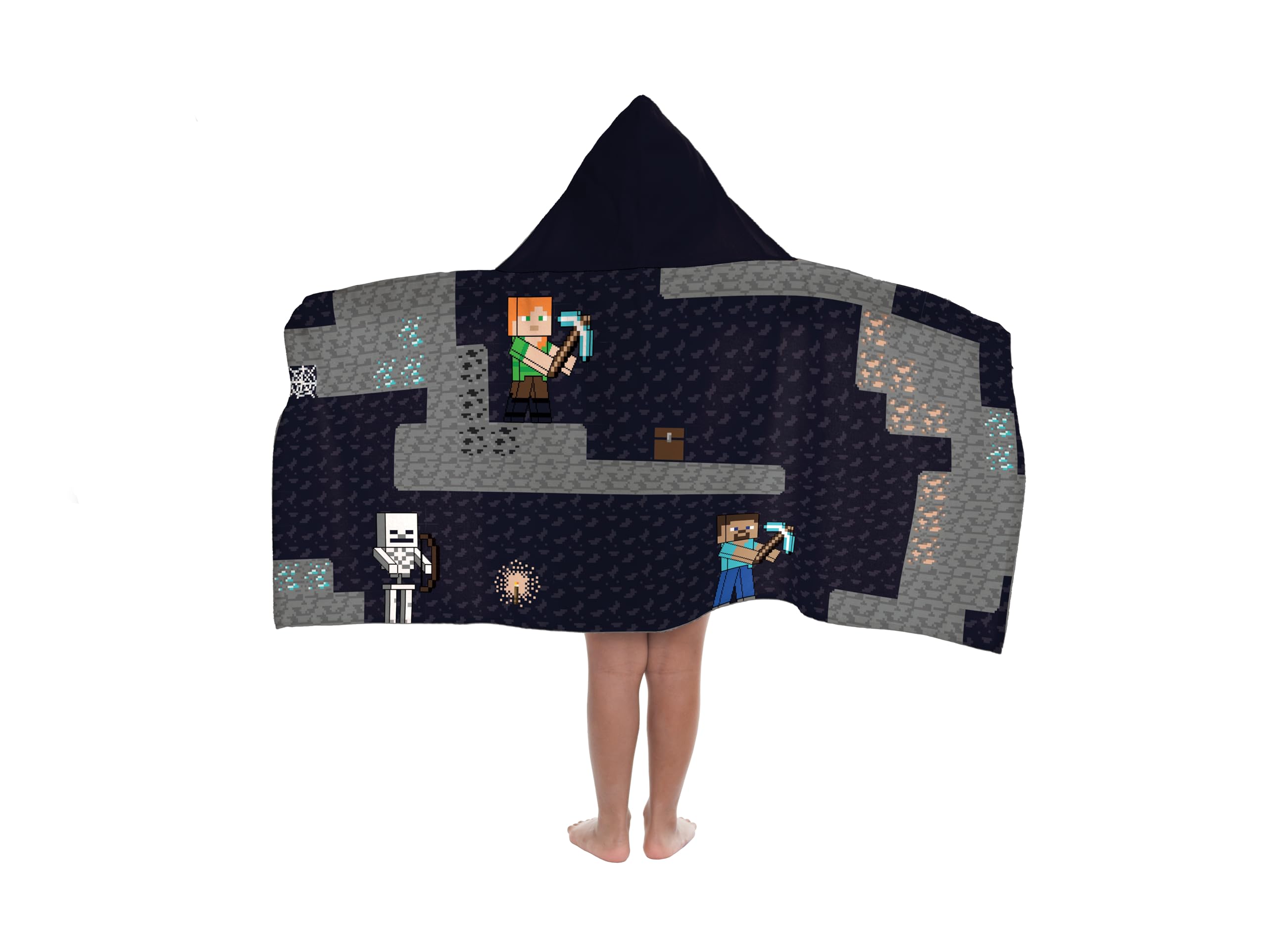 Jay Franco Minecraft Creeper Steve Alex Hooded Towel, 56 x 130cm Kids Super Soft Bath Towel, Beach, Pool & Travel