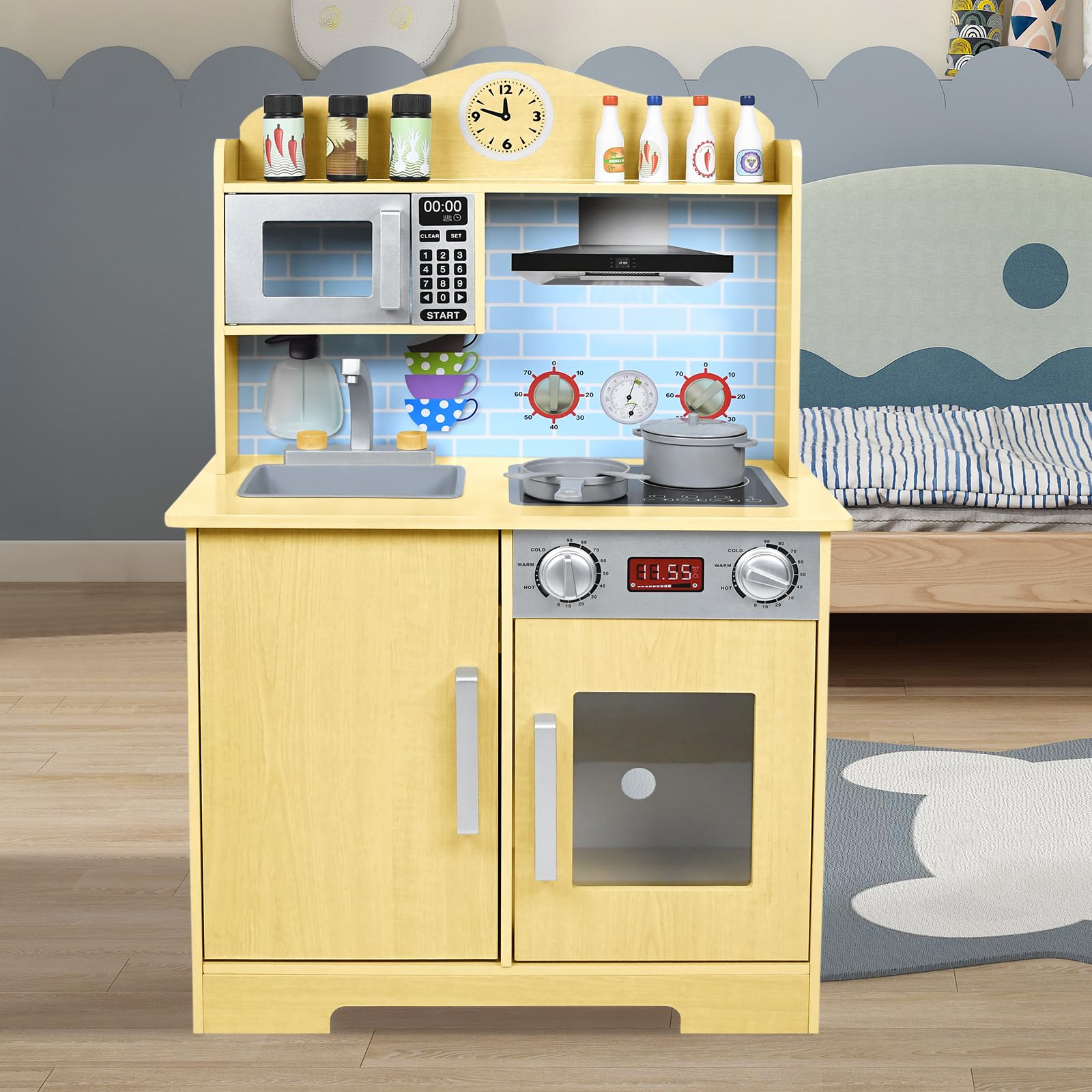 UISEBRT Cucina Giocattolo in Legno, Cucina per bambini con piano cottura lavello forno a microonde, altezza 92 cm, giocattolo per bambini 3+ anni, modello B