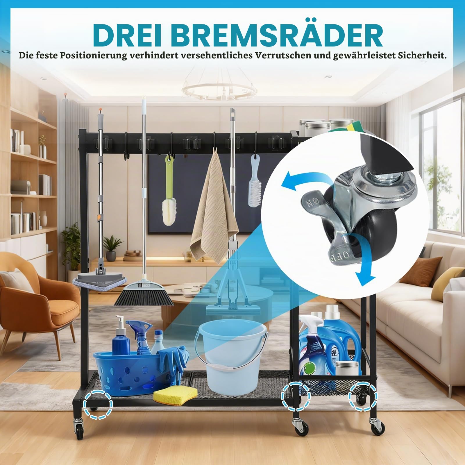 Reinigungswagen 85 × 62 × 30 cm – Mobiler Putzwagen mit Mopphalter & Besenhalter, 6 Räder mit 3 Bremse, 6 Gerätehalter & 2 Doppelhaken, 3 Ablagen – Haushalt & Reinigungstrolley