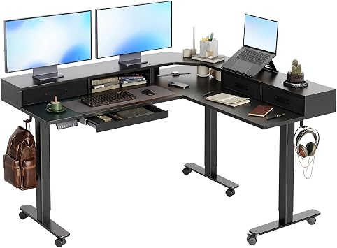 YDN Dual Motor 63" L Shaped Standing Desk with Drawers, Electric Height Adjustable Standing Desk with Monitor Stand & Splice Board, Black