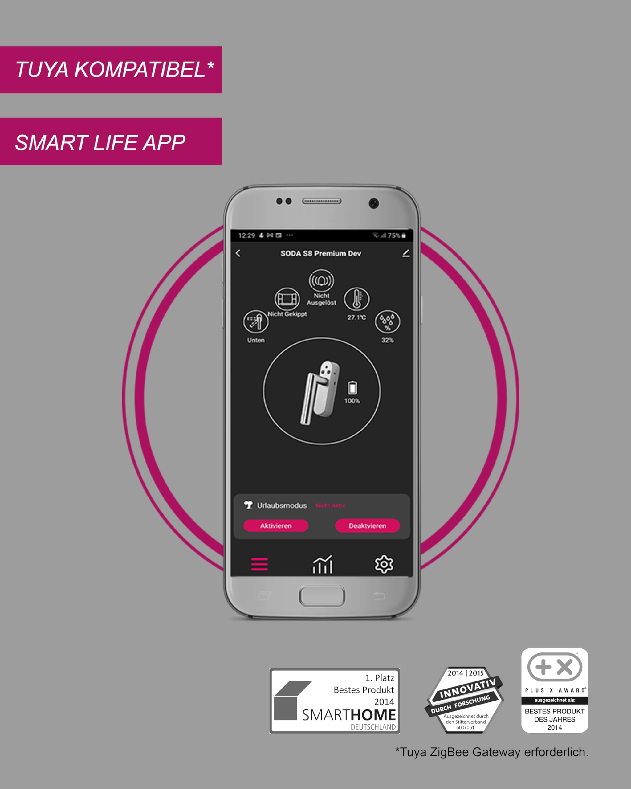 CIRCLE S8 Fenstergriff Premium 5er Set, Alarm Griff für Fenster mit Smart Home Überwachung und Energie, Sicherheit und Komfort Funktionen, Tuya kompatibel, steuerbar mit Smart Life App (Edelstahl)