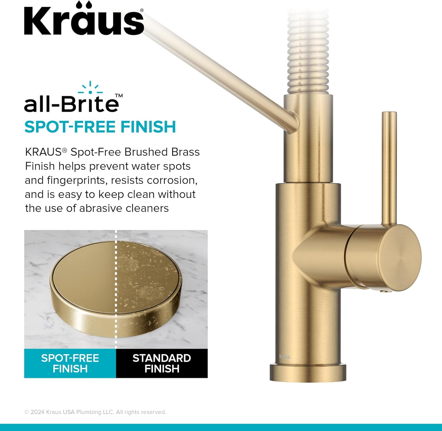 Image demonstrating KRAUS Spot-Free Brushed Brass Finish compared to a standard finish, highlighting resistance to water spots and fingerprints.