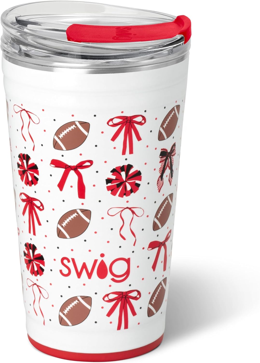 Swig Life 24oz Party Cup, Stackable Insulated Travel Coffee Tumbler with EZ Slider Lid, Cup Holder Friendly, Stainless Steel 24 oz Tumbler, Reusable Mug (We've Got Spirit Black + Red)