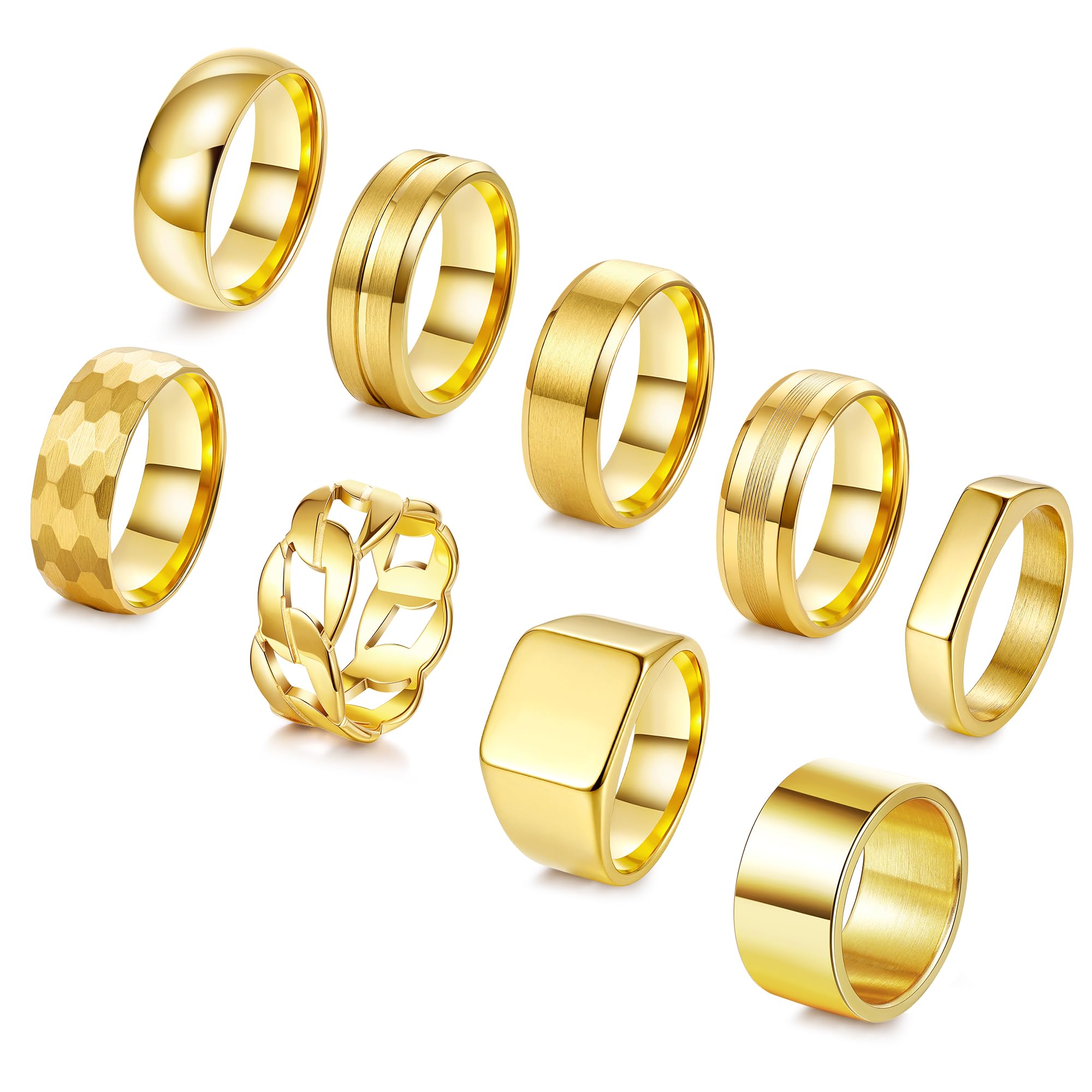 9Pcs Stainless Steel Rings for Men Square Signet Ring Pinky Thumb Rings Chunky Thick Cuban Link Chain Ring High Polished Simple Wedding Band Ring for Men Gold/Silver Mens Rings Set, Size 7-13
