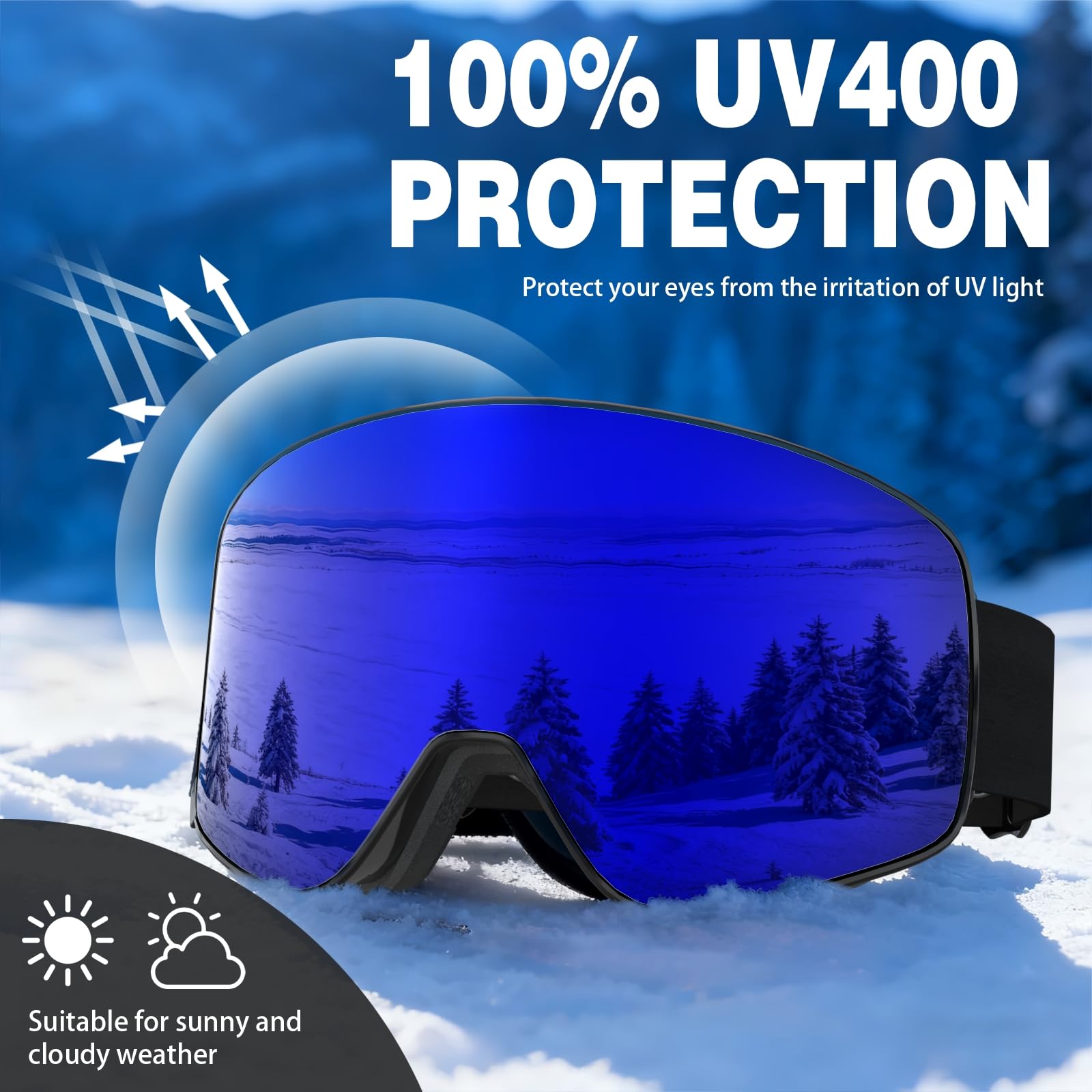 Gogle narciarskie, bezramowe gogle snowboardowe z 2 soczewkami narciarskimi z magnesem UV400, YH212 przeciwmgielne gogle śnieżne dla dorosłych mężczyzn kobiet (czarna rama, pełna Revo Blue