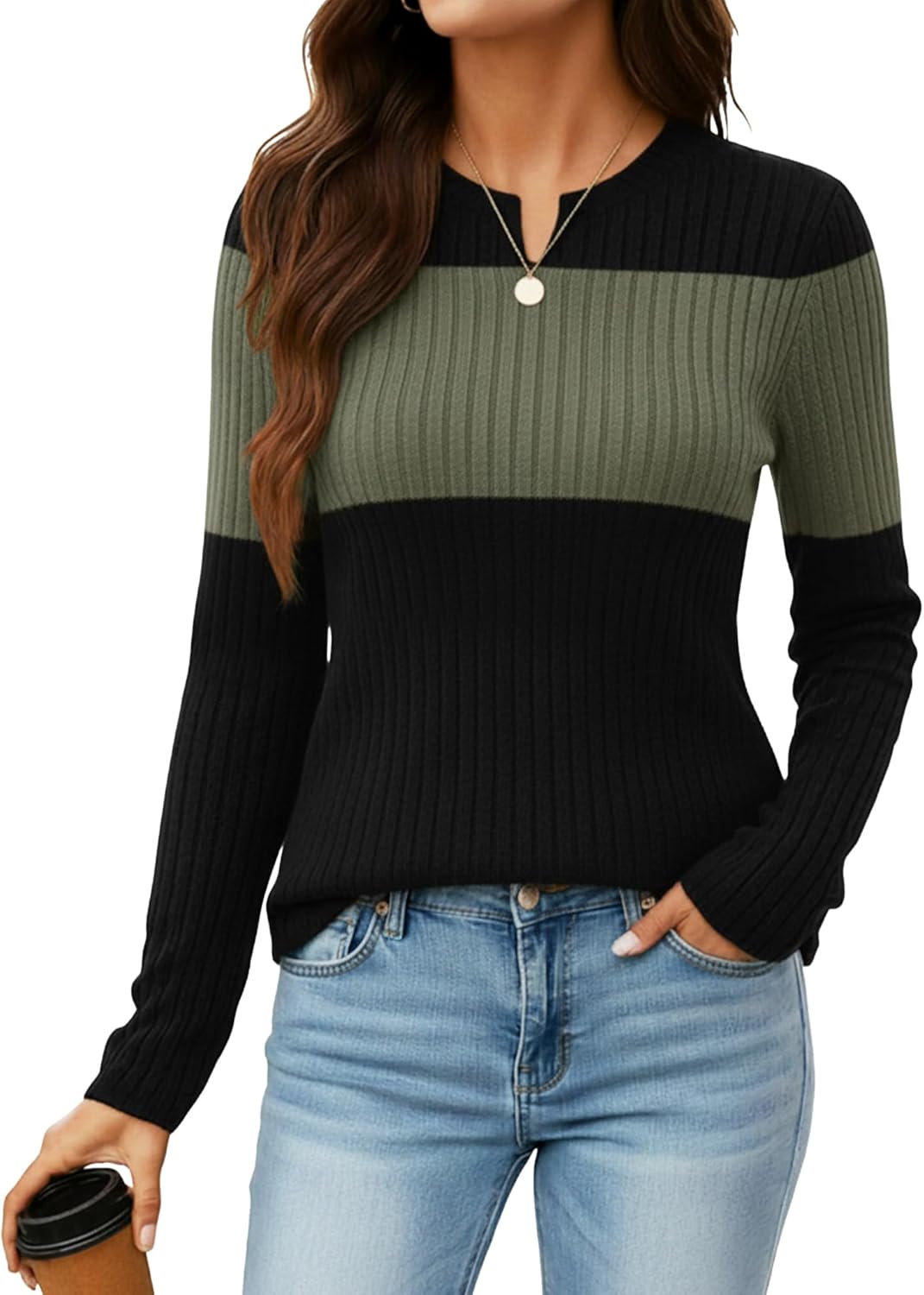 Women Sweater Color Block Long Sleeve 2026 Spring Stylish V Neck Pullover Knit Casual Loose Fit Lightweight Top