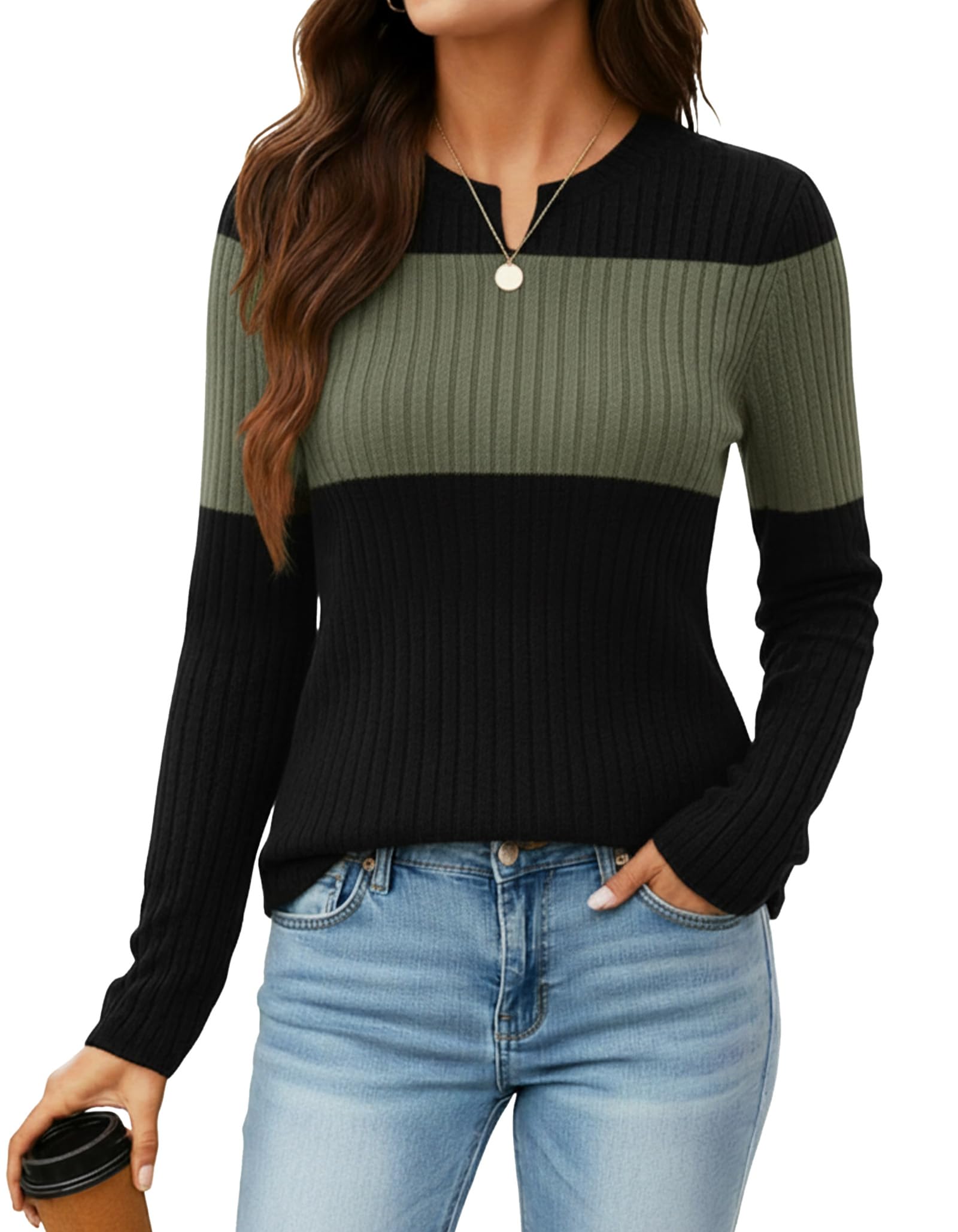 Women Sweater Color Block Long Sleeve V Neck Pullover Knit Casual Loose Fit Lightweight Top 2025 Fall Stylish