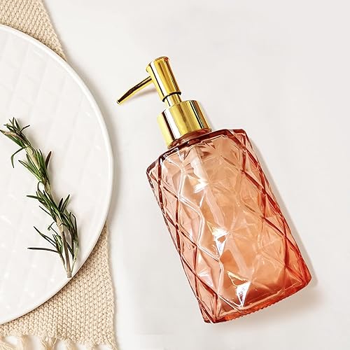 Miniatura 7 de Dispensador de jabón de vidrio naranja transparente con bomba dorada, dispensador de jabón de 12 onzas para cocina, jabones de manos, lociones,