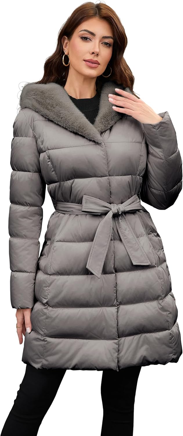 PAPILLON D'OR WEAR YOUR WINGS Women's Long Puffer Coat with Belt, Hood & Furry Lining - Knee-Length Winter Jacket