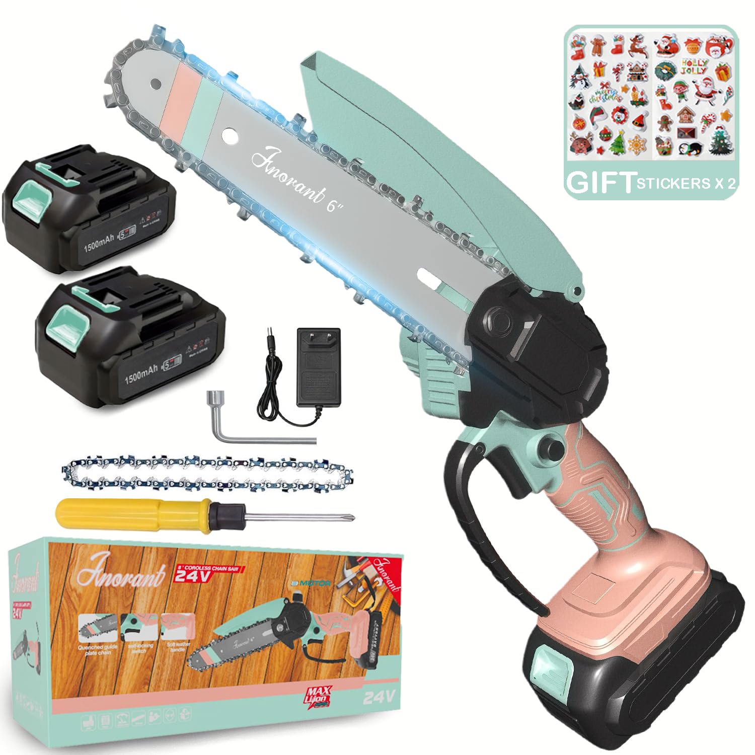 Mini Cordless Electric Chainsaw, 6-Inch High Carbon Steel Blade, Battery-Powered, 21V with Safety Lock, Wood Cutting, 45-Degree Angle, 3.5 lbs (Light Blue Dual-Power Standard)