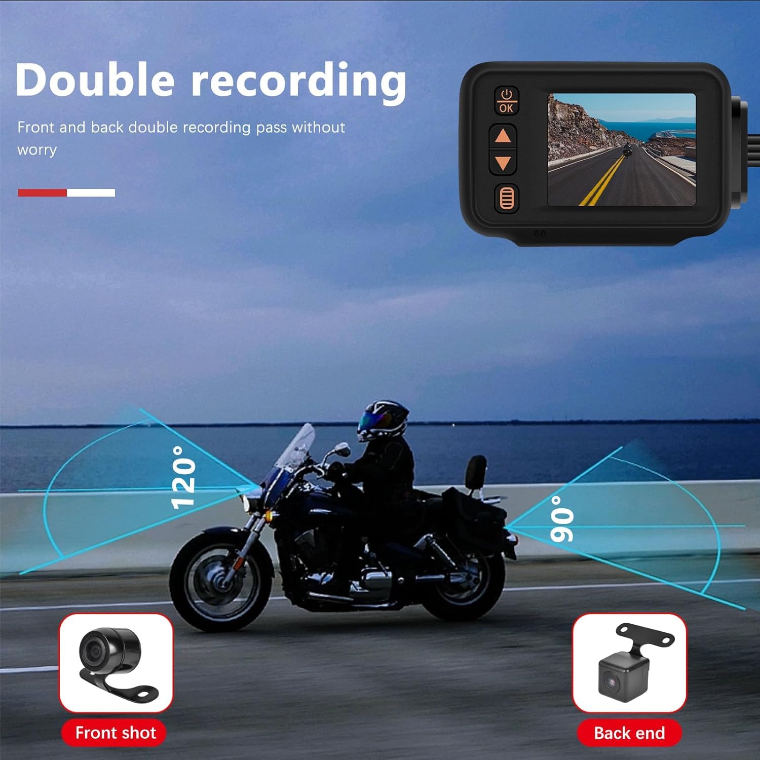CAMECHO Dash CAM para Moto, Impermeable Total Videocamera Motocicletta AHD 1080P Cámara Delantero y Trasero 150° con GPS Integrado, Wi-Fi, Mando a Distancia con Cable+32GB TF Card