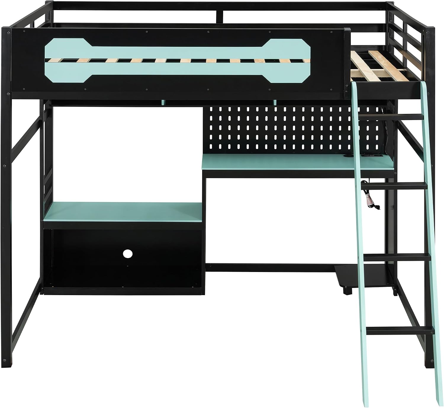 Front view of the VilroCaz Full Size Gaming Loft Bed showing the desk, pegboard, and shelves
