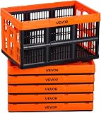 VEVOR Caisse Plastique Pliable 45 L Lot de 6, Cagette Pliable avec Poignées, Charge Max. 15 kg par Caisse, Bac de Rangement Empilable pour Maison, Voiture, Camping et Courses, en PP, Orange et Noir - 1