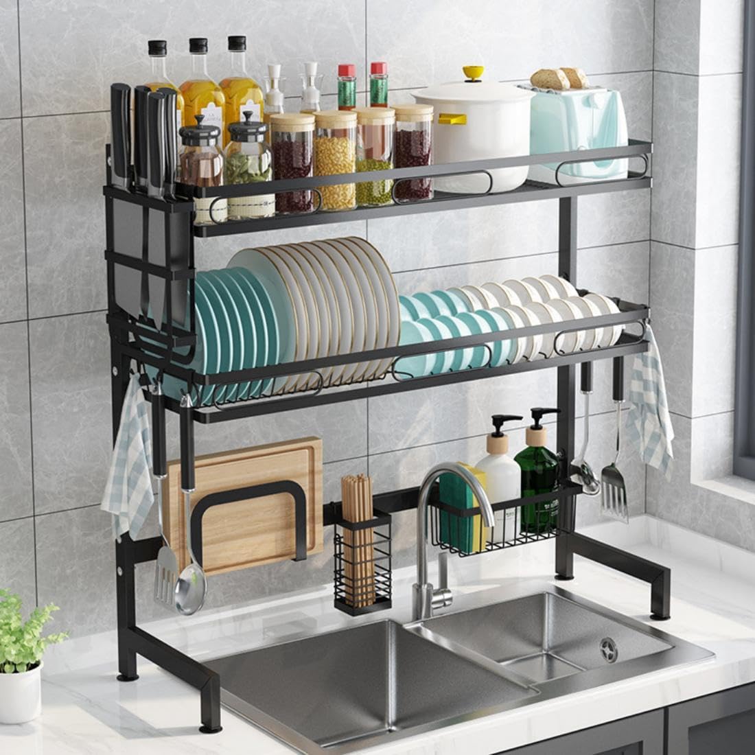 2 Tiers Over Sink Dish Drying Rack with Large Capacity, Countertop Dishes Drainer with Suction Cup Dish Rack Shelf Kitchen Storage Organizer for Bowls Utensils