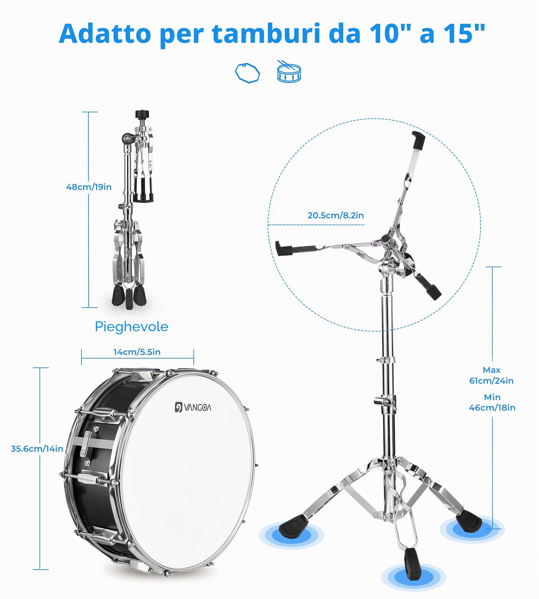 Vangoa Kit Rullante Batteria Con Supporto,14 Pollici,Tamburo Da Stadio,Rullante Da Marcia Per Principianti, Studenti, Bande Musicali 14 X 5,5"Nero