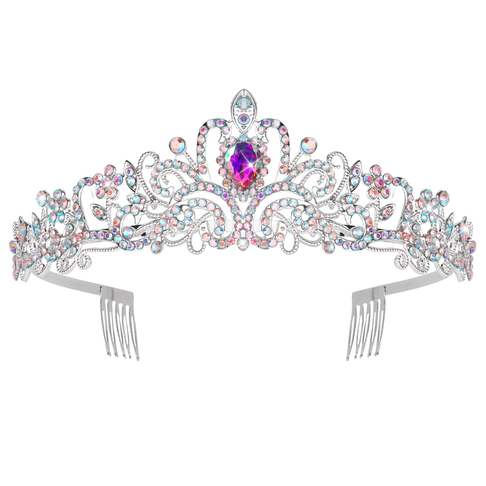 Araluky Silver Tiara and Crown for Women，Jeweled Elegant AB Rhinestones Princess Tiara Costume with Combs Bridal Wedding Prom Birthday Aurora Crown