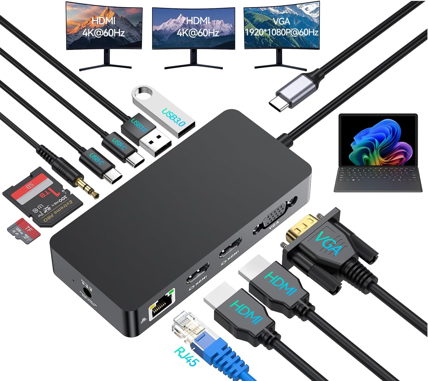Surface Thunderbolt 4 Docking Station, 12-in-1 Surface Pro Dock Dual 4K@60Hz HDMI VGA Triple Monitor Adapter Compatible with Microsoft Surface Pro 12 11 10 9 8 7 X, Surface Laptop 7 6 5, Go, Book