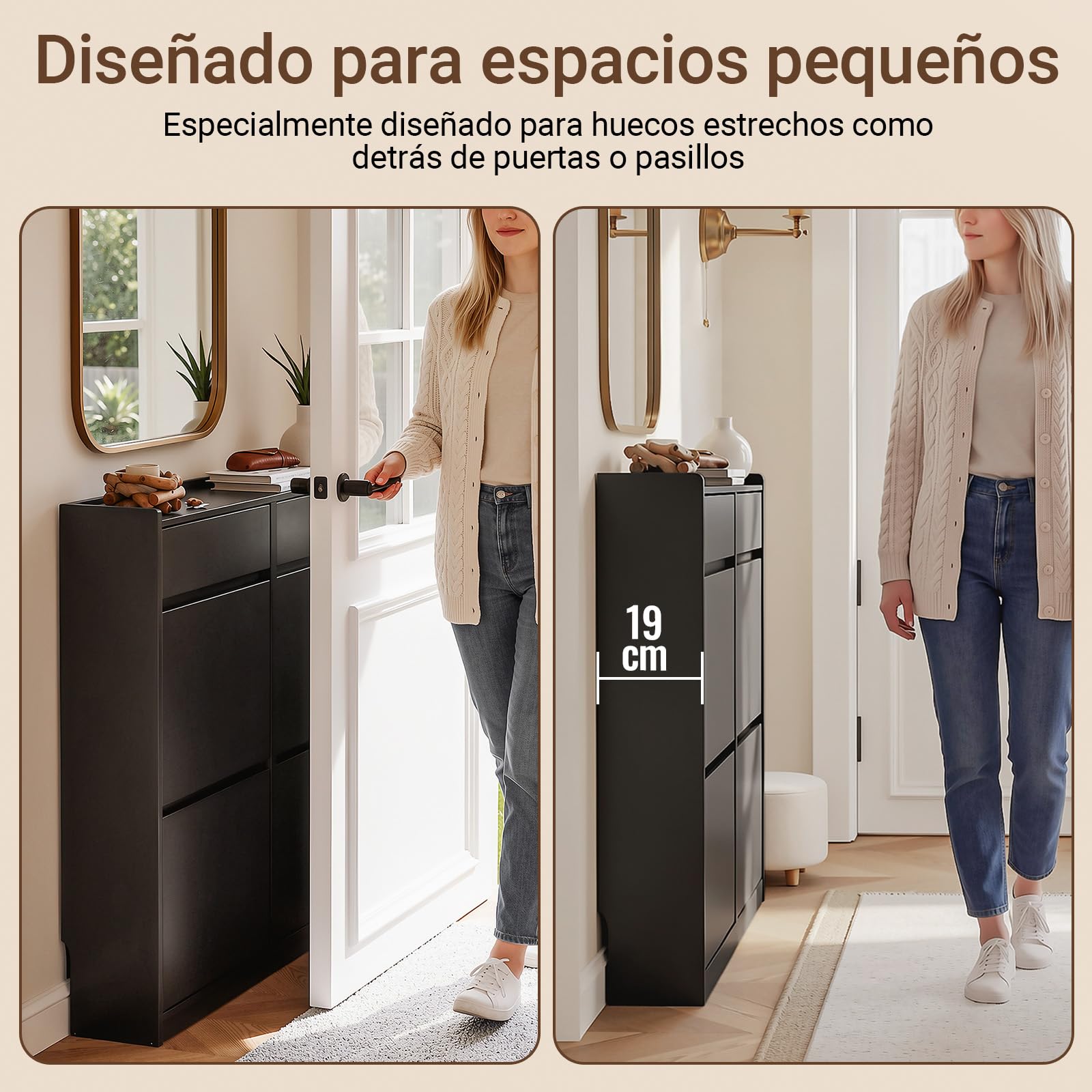 SoBuy Zapatero con 4 Abatibles y 2 Cajones 19 cm Entrada | Gran capacidad de almacenaje, diseño estrecho ideal para pasillo, recibidor y apartamentos pequeños, FSR169-SCH