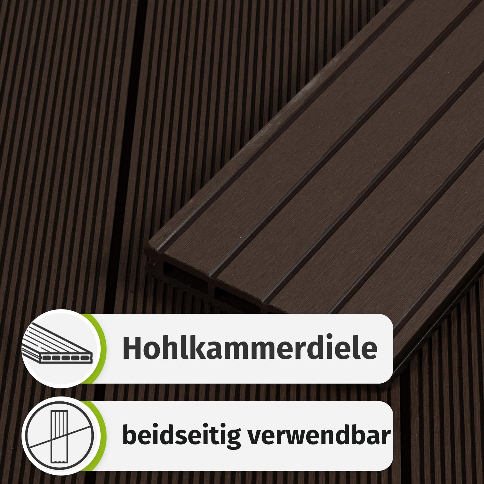 HORI WPC Terrassendielen Komplettset Antigua verschiedene Farben - Hohlkammerprofil, beidseitig nutzbar, inkl. Unterkonstruktion & Clips Fläche: 5 m² - 220 cm Dielenlänge - Braun