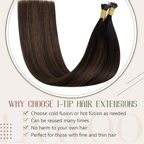 Miniatura 4 de LaaVoo Extensiones de cabello humano real con punta I Tip, color marrón oscuro, balayage, extensiones de cabello humano con punta I de fusión fría,
