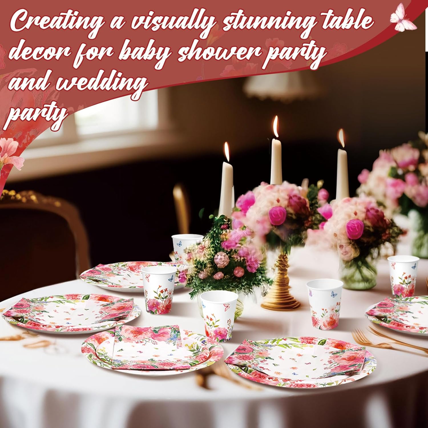 Funnymoom 250 Pcs Floral Party Decoration Wildflower Paper Plates Cups and Napkins Spring Tea Theme Flower Butterfly Tableware Set for Garden Baby Bridal Shower Wedding Party Supplies, Serves 50