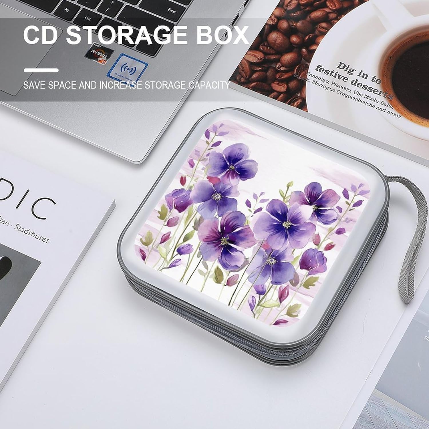 Watercolor Purple Flowers DVD Case,Portable Zipper DVD Storage Case CD Collection Bag EVA Protective Blu-ray Wallet Portable Wallet Disc Storage Disc Wallet Bag for Car, Home, Office image 4