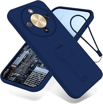 for Honor Magic 8 Lite Case with Stand, Slim Liquid Silicone Phone Case for Honor Magic 8 Lite with Wrist Strap Lanyard Shockproof Protective Bumper Cover Blue