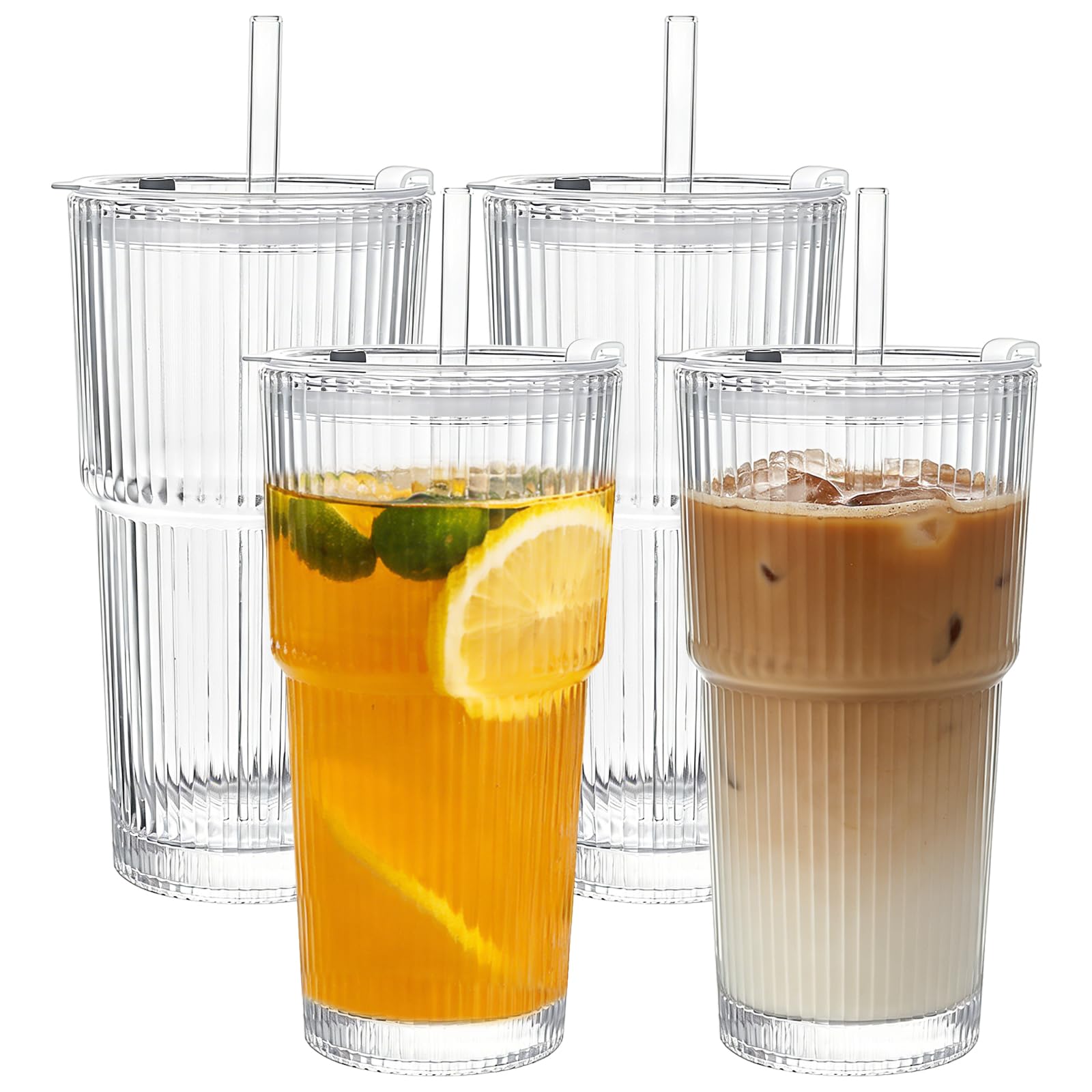 Wieat Glass Tumblers, 550ml Leakproof Glasses with Glass Straws and Lids, Leakproof Cups, Clear Drinking Cups for Iced Latte, Smoothie, Matcha, Cold Drinks (Set of 4)
