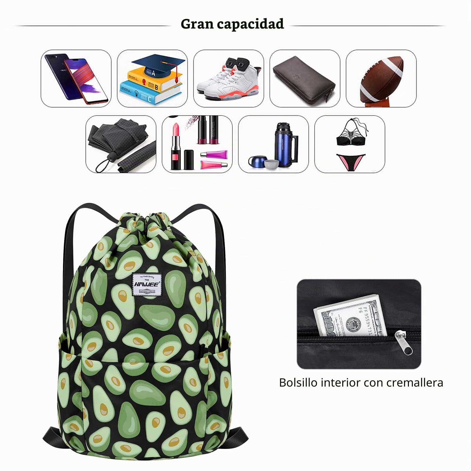 Impermeable Casual Mochila con Cordón Grande Deporte Bolso de Gimnasia | Mochila de Cuerda Unisex para Mujer Hombre Vida Cotidiana Aire Libre Yoga Escuela Playa Nadar