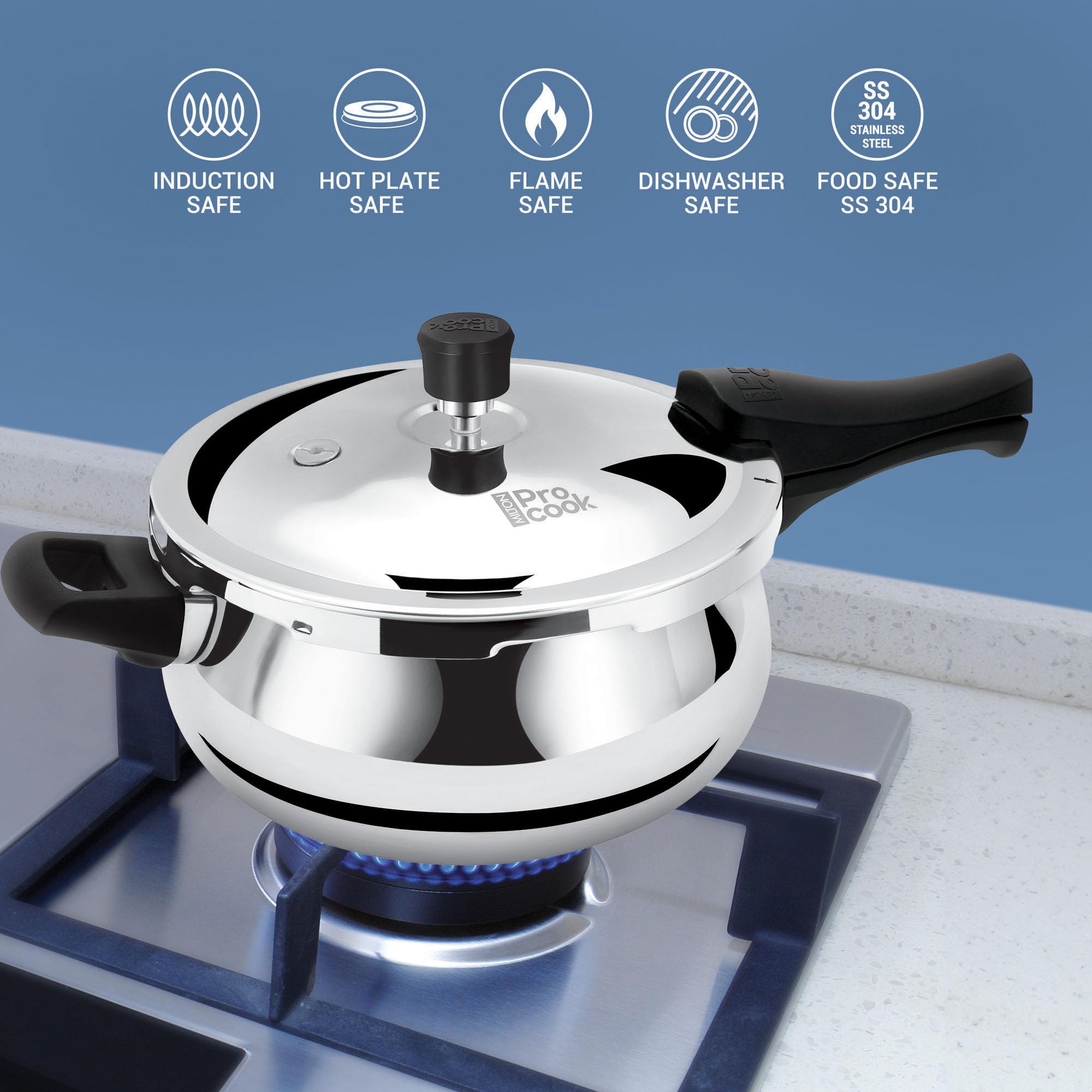 Milton Pro Cook Induction Cookware & Gas Stove Friendly Triply Stainless Steel Curve Pressure Cooker 1.5 Litre With Dual Lid | Outer Lid & Glass Lid | Gasket Release System | 5 Year Warranty | Silver — Amazon image 2