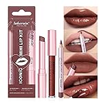 3PCS Lip Liner and Lipstick Combo Set - Matte Lip Liner Pencil, Velvet Matte Lipstick & Hydrating Collagen Lip Gloss - Long-Lasting, Smudge-Proof, Nude Brown Lip Makeup Kit (3 Reddish Brown)