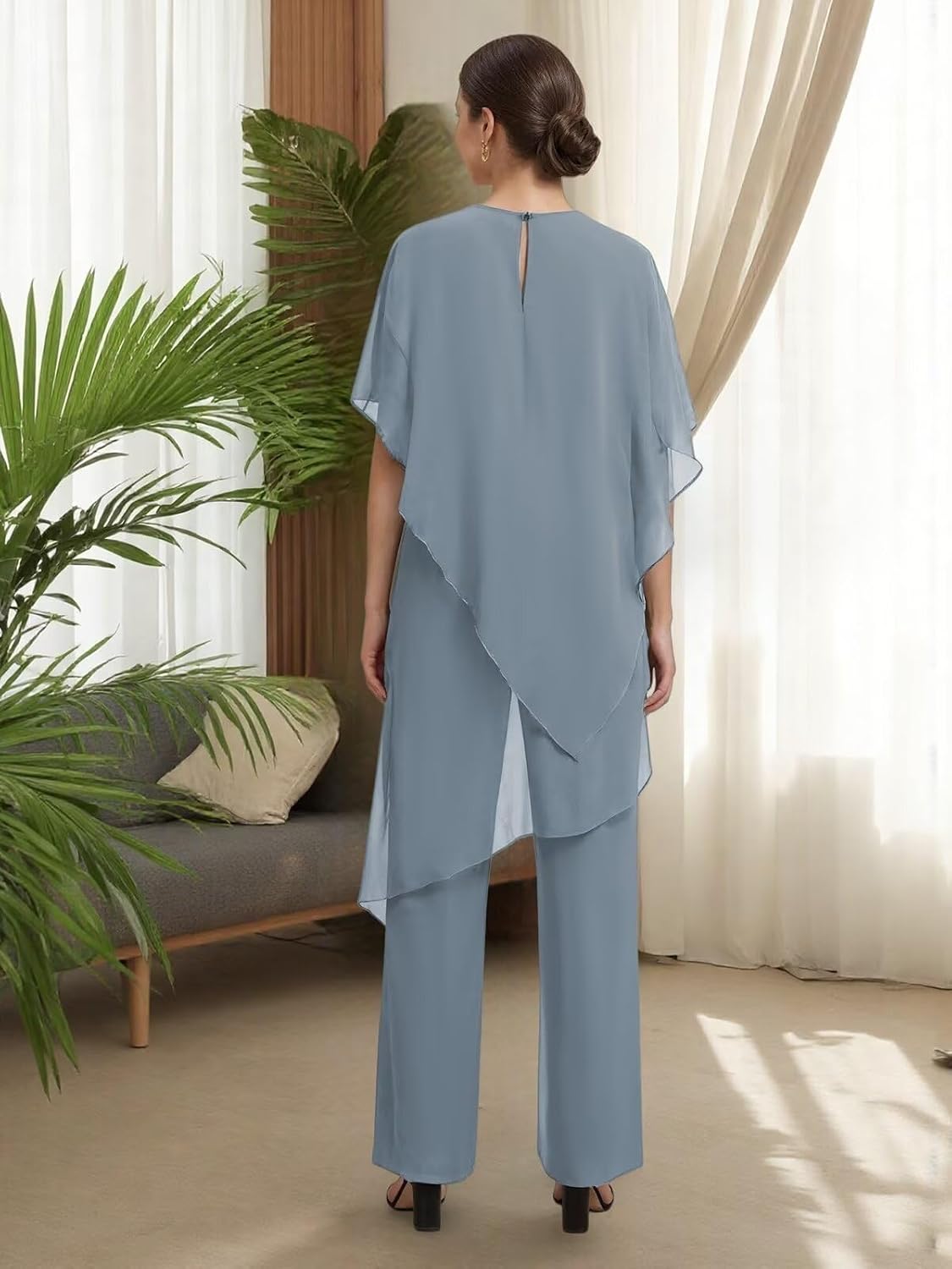 2 Piece Mother of The Bride Pant Suits with Cape Sleeve Flowy Chiffon Formal Pantsuits for Wedding