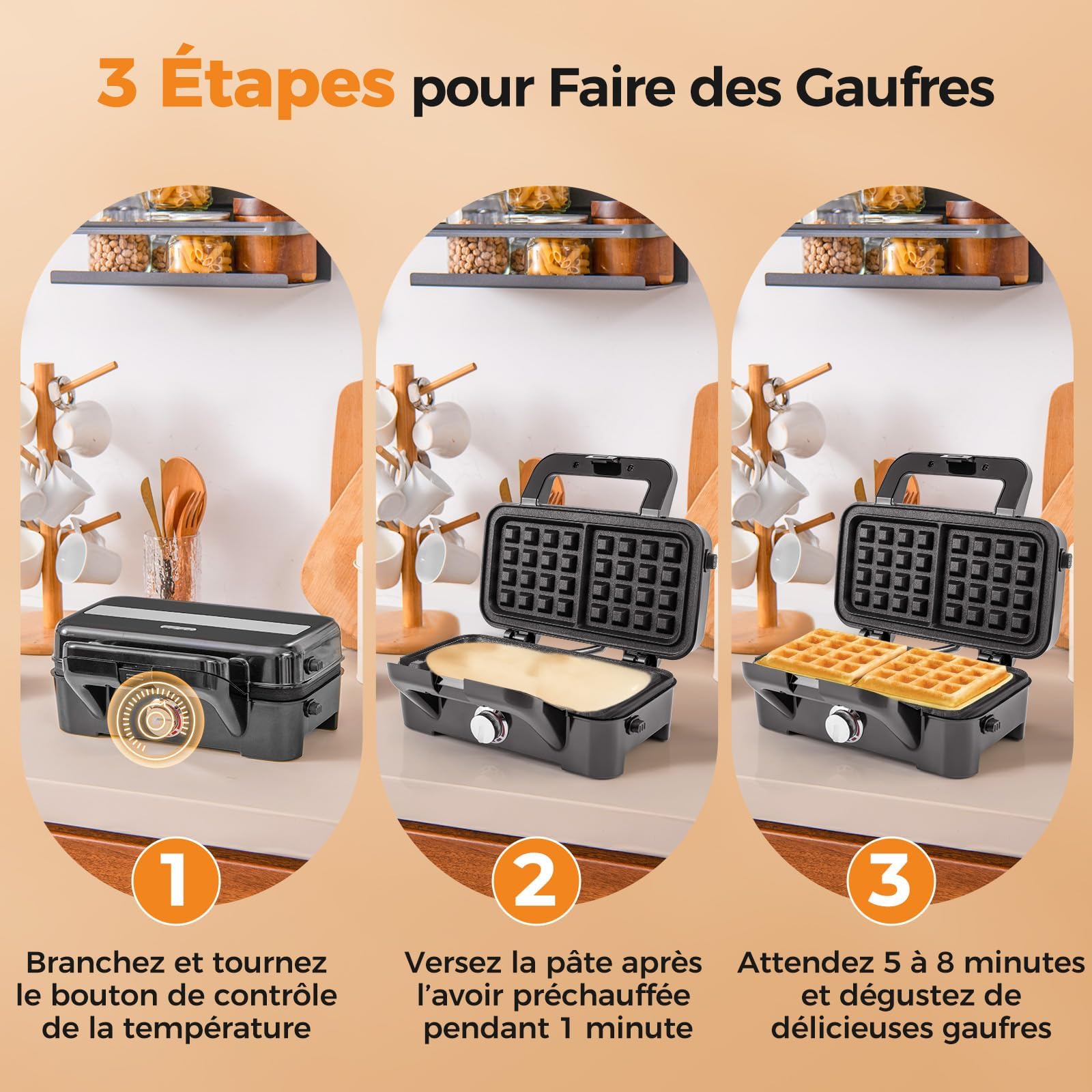 RELAX4LIFE Gaufrier 1000W-Croque Monsieur 3 en 1 avec 2 Frire&2 Griller&2 Gaufres&Poignée Cool Touch|Contrôle de Température à 5 Niveaux, Acier Inoxydable pour Anniversaires Fêtes Pâques Noël (S)