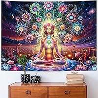 Vista 4 de Dermijer - Tapiz de luz negra con siete chacras para yoga y meditación - Tapiz de chacras de flores - Tapiz de galaxia, espacio y planetas - Tapiz