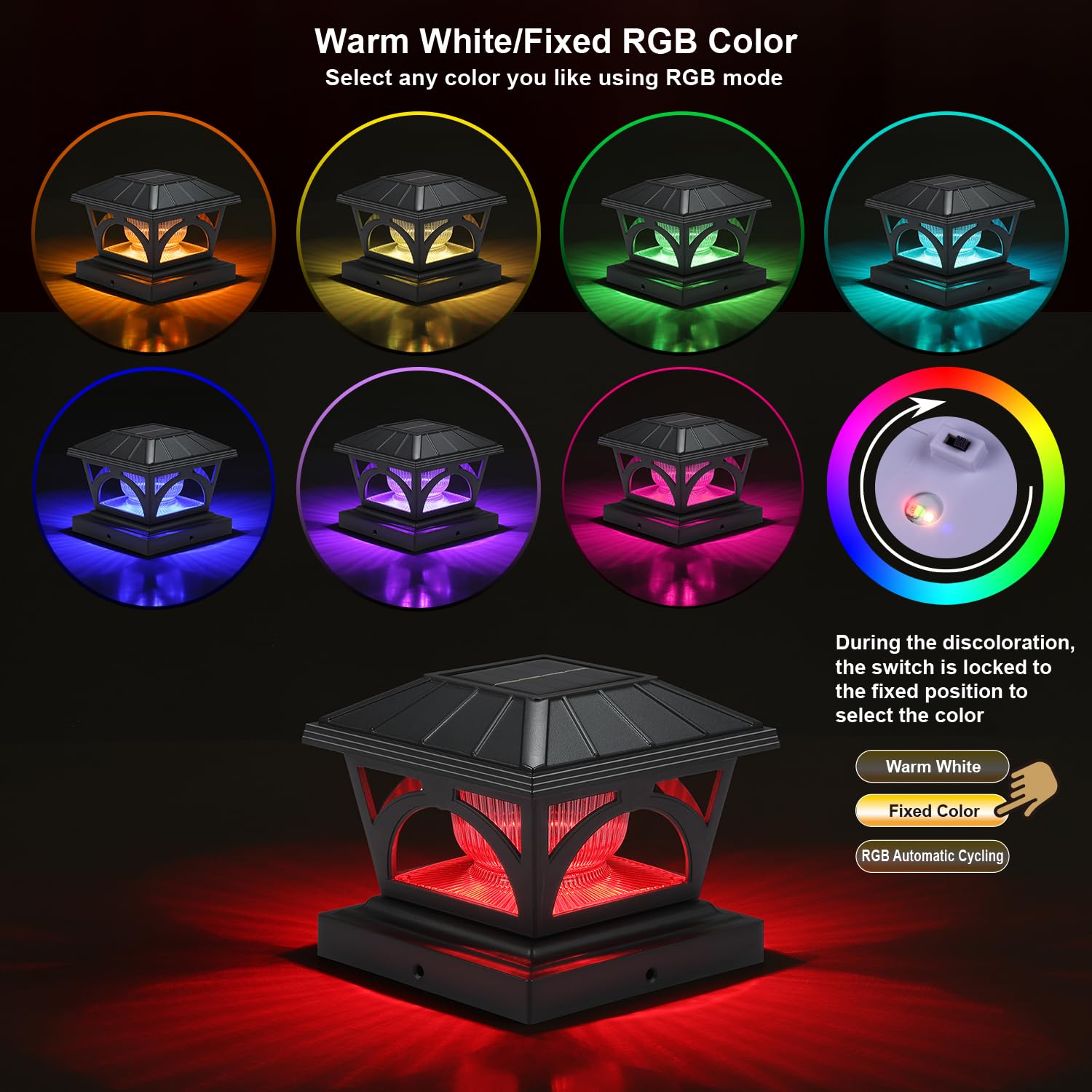 Luci solari a energia solare, bianco caldo e colore RGB fisso, 9 colori tra cui scegliere, 20 lumen, lP65, impermeabili, adatte per recinzioni in legno, 3 x 3, 3,5 x 3,5, 4 x 4, 4,5 x 4,5,