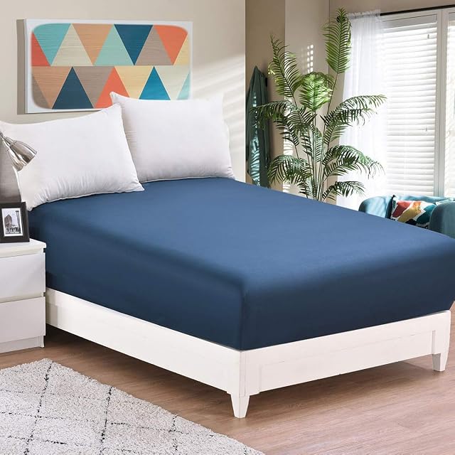 RUIKASI Deep Fitted Sheet King Size - Navy Blue Kingsize Fitted Bed Sheet 40cm/16 inch, Ultra Soft Bottom Sheet 150X200cm