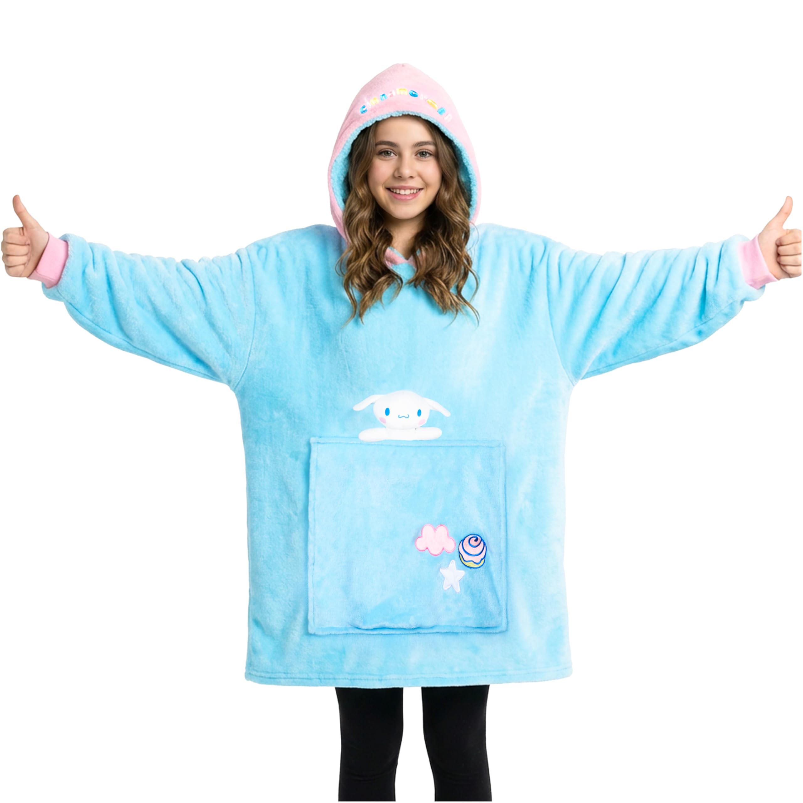 Hello Kitty Sanrio Cinnamoroll Blanket Hoodie Girls Kawaii Oversized Fleece Wearable Blanket Attached Plush Loungewear Anime Gifts (Blue Cinnamoroll)